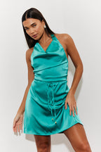 Halterneck Satin Mini Dress with Gold Belted Trim