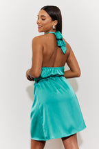 Halterneck Satin Mini Dress with Gold Belted Trim