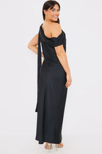 Satin Asymmetric Draped Neckline Maxi Dress