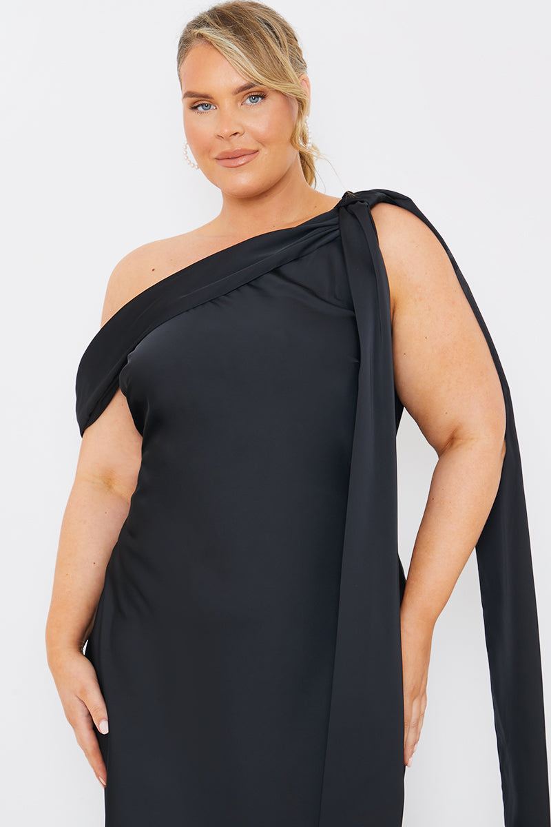 Satin Asymmetric Draped Neckline Maxi Dress