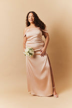 Light Gold Satin Bardot Ruched Maxi Dress