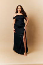 Black Satin Bardot Ruched Maxi Dress