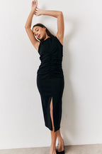 Black Bengaline Ruched Midi Dress