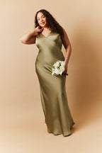 Olive Satin Twist Back Maxi Dress