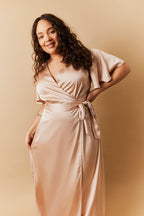 Light Gold Satin Wrap Tie Angel Sleeve Maxi Dress