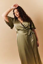 Olive Satin Wrap Tie Angel Sleeve Maxi Dress