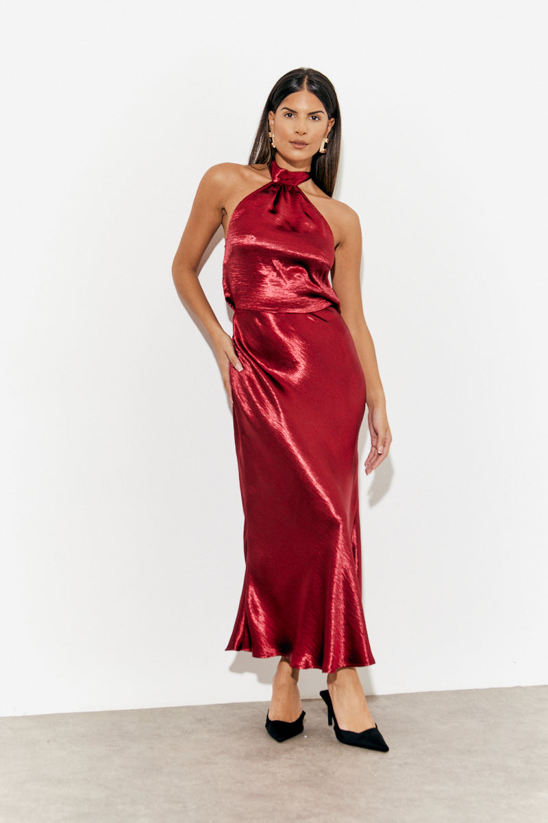 Liquid Satin Halterneck Cowl Back Midaxi Dress