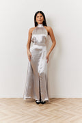 Silver Liquid Satin Halterneck Split Detail Maxi Dress