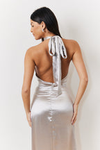 Silver Liquid Satin Halterneck Split Detail Maxi Dress