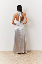 Silver Liquid Satin Halterneck Split Detail Maxi Dress