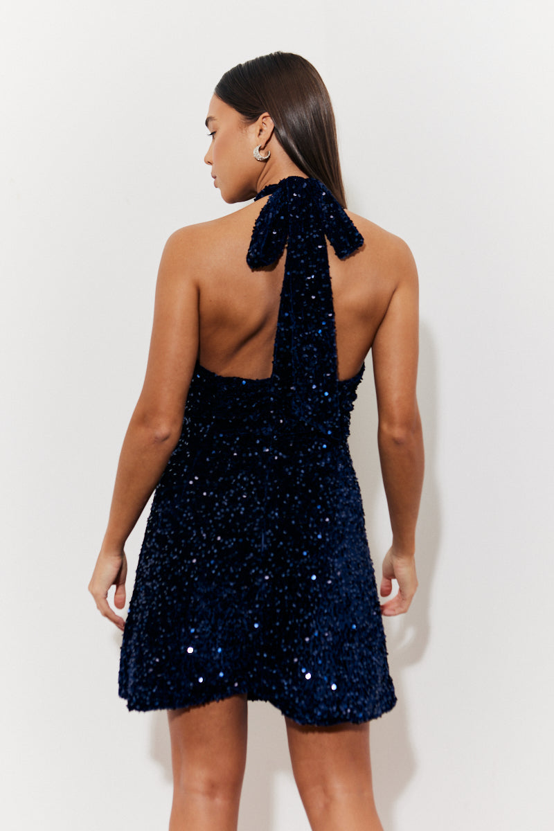 Velvet Sequin Tie Back Detail Mini Dress