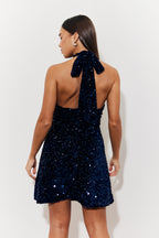Velvet Sequin Tie Back Detail Mini Dress
