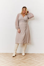 Cream Geometric Print Chiffon Balloon Sleeve Wrap Midi Dress