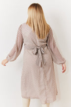 Cream Geometric Print Chiffon Balloon Sleeve Wrap Midi Dress