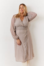 Cream Geometric Print Chiffon Balloon Sleeve Wrap Midi Dress