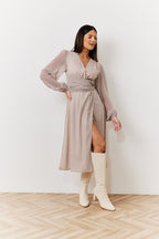 Cream Geometric Print Chiffon Balloon Sleeve Wrap Midi Dress