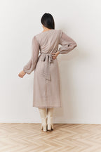 Cream Geometric Print Chiffon Balloon Sleeve Wrap Midi Dress