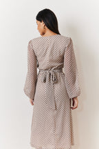 Cream Geometric Print Chiffon Balloon Sleeve Wrap Midi Dress