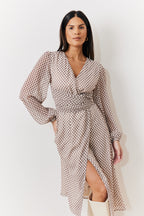Cream Geometric Print Chiffon Balloon Sleeve Wrap Midi Dress