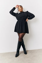 Black and White Polka Dot Mini Dress with Tie Neck