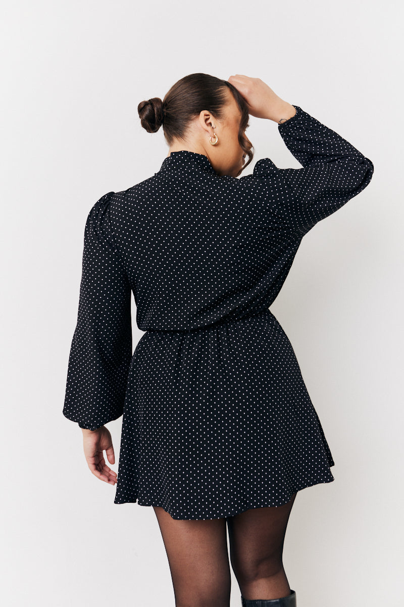 Black and White Polka Dot Mini Dress with Tie Neck