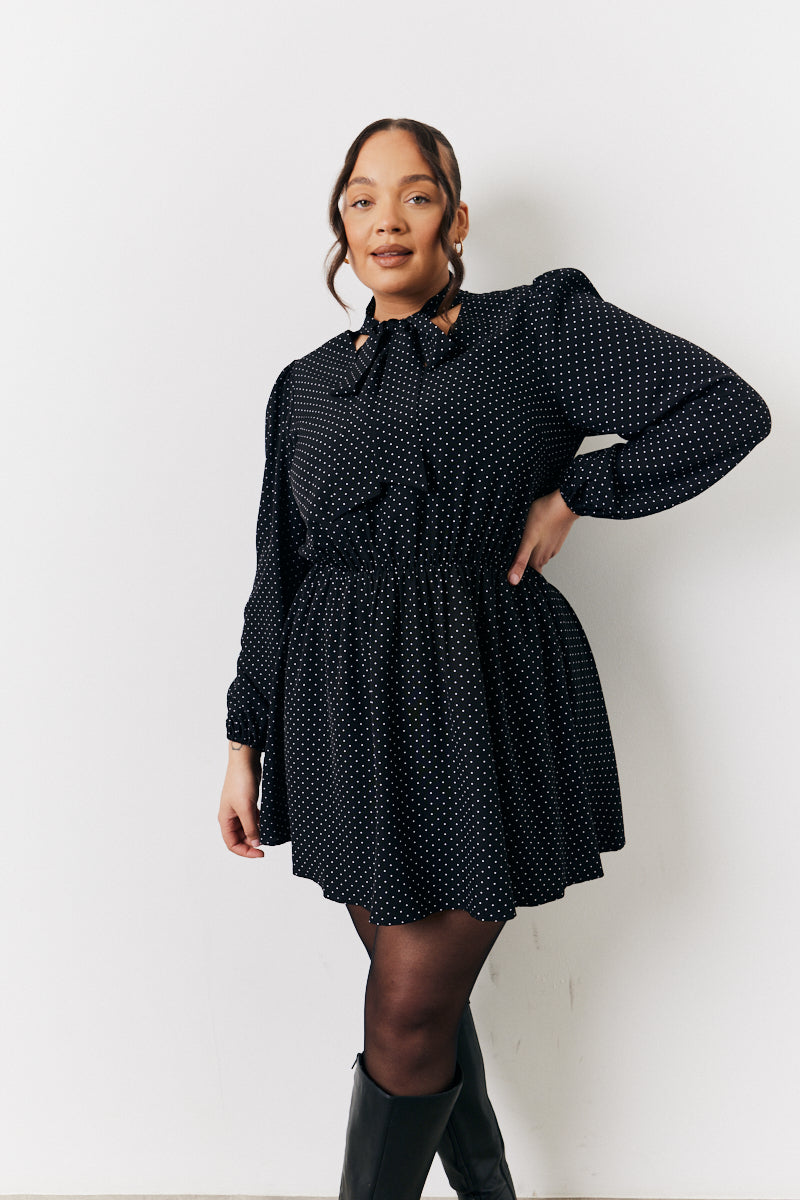 Black and White Polka Dot Mini Dress with Tie Neck