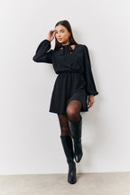 Black and White Polka Dot Mini Dress with Tie Neck