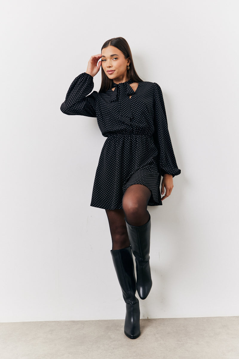 Black and White Polka Dot Mini Dress with Tie Neck