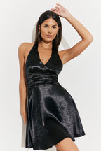 Plunge Halterneck Tie Back Satin Mini Dress