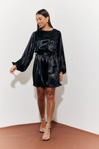 Satin Balloon Sleeve Belted Mini Dress