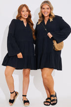 Trim Detail Tiered Long Sleeve Smock Dress