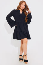 Trim Detail Tiered Long Sleeve Smock Dress