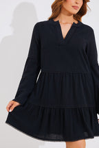 Trim Detail Tiered Long Sleeve Smock Dress