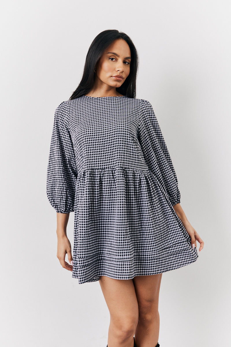 Black Gingham Mini Smock Dress