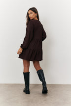 Brown Textured Tie Front Detail Smock Dress