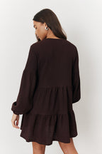 Brown Textured Tie Front Detail Smock Dress