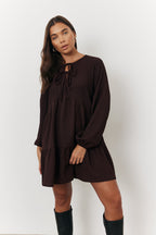 Brown Textured Tie Front Detail Smock Dress
