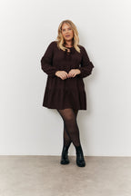 Brown Textured Tie Front Detail Smock Dress