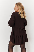Brown Textured Tie Front Detail Smock Dress