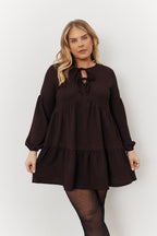 Brown Textured Tie Front Detail Smock Dress