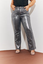Wide Leg Silver Foil High Waisted Jeans