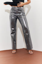 Wide Leg Silver Foil High Waisted Jeans