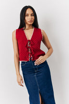 Red Contrast Edge Tie Front Knitted Waistcoat