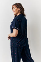 Navy Cherry Print Shirt and Trouser PJ Set