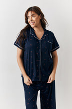 Navy Cherry Print Shirt and Trouser PJ Set