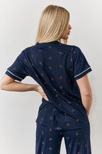 Navy Cherry Print Shirt and Trouser PJ Set