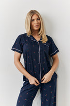 Navy Cherry Print Shirt and Trouser PJ Set