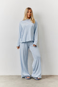 Blue Lettuce Hem Slogan Long Sleeve Top and Trouser PJ Set