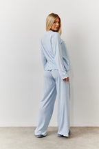 Blue Lettuce Hem Slogan Long Sleeve Top and Trouser PJ Set