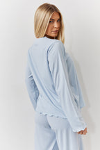 Blue Lettuce Hem Slogan Long Sleeve Top and Trouser PJ Set